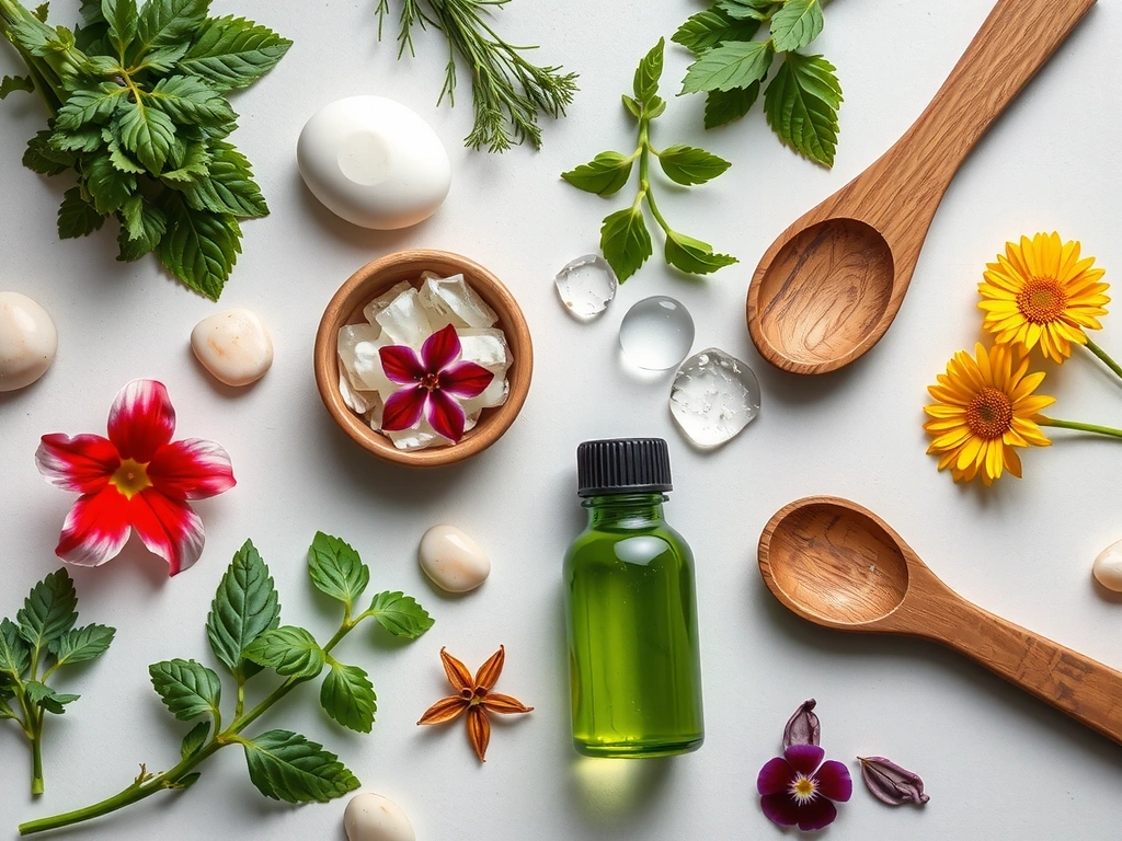 Natural ingredients artfully arranged in a serene, sunlit setting, reflecting purity and natural beauty, no text.