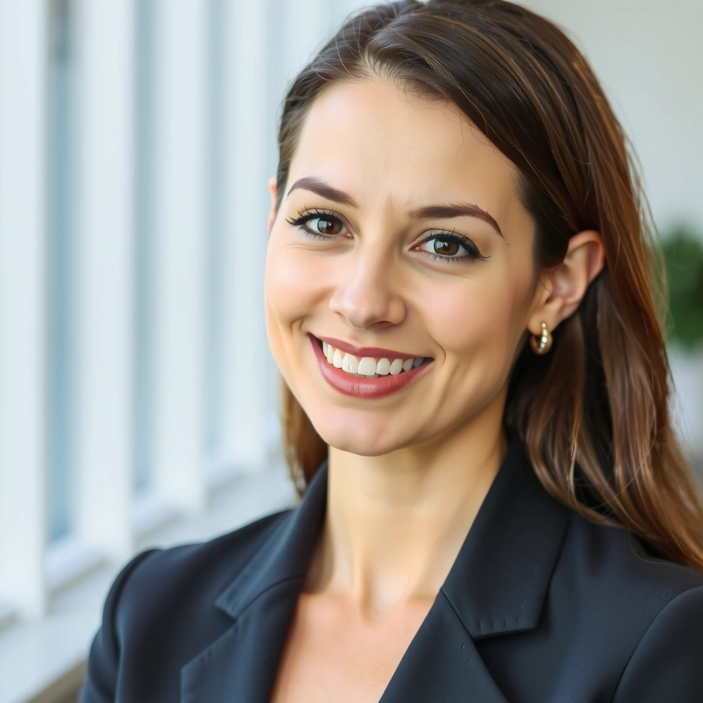 Portrait of a smiling female founder with a warm, approachable expression, conveying leadership and passion, no text.