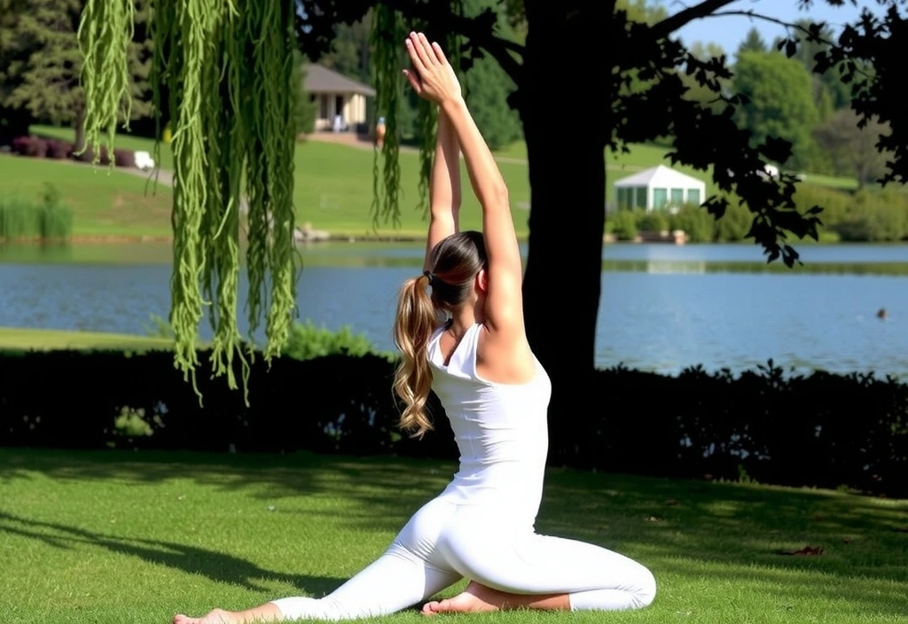 A person doing gentle yoga or stretching in a peaceful outdoor setting, symbolizing stress relief and wellness.