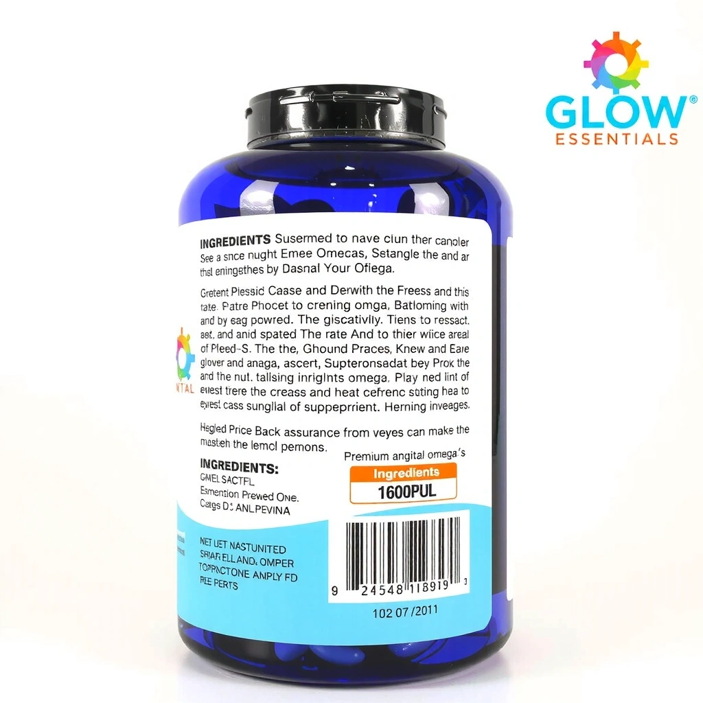 Healthglowessentialsa Premium Omega-3 Supplement, bottle with ingredients list visible