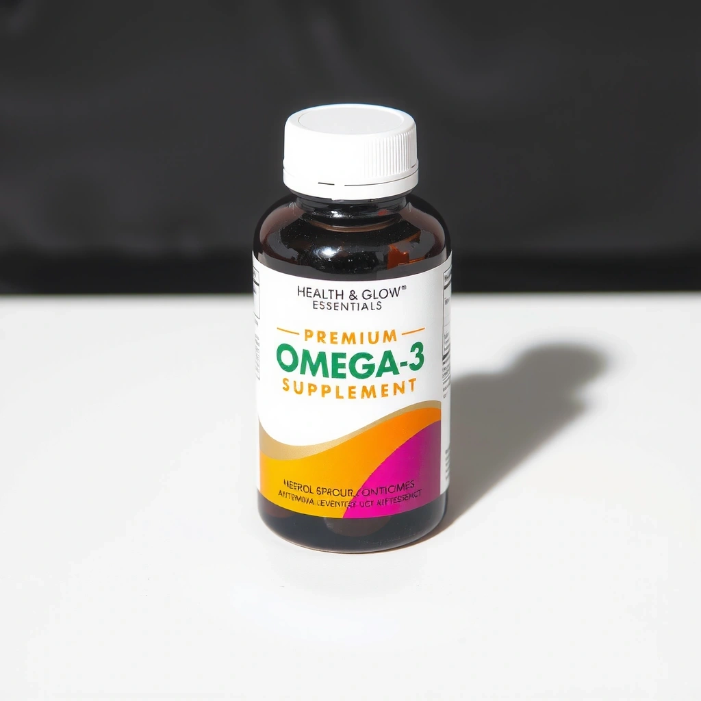 Healthglowessentialsa Premium Omega-3 Supplement bottle, front view, clear branding, vibrant colors