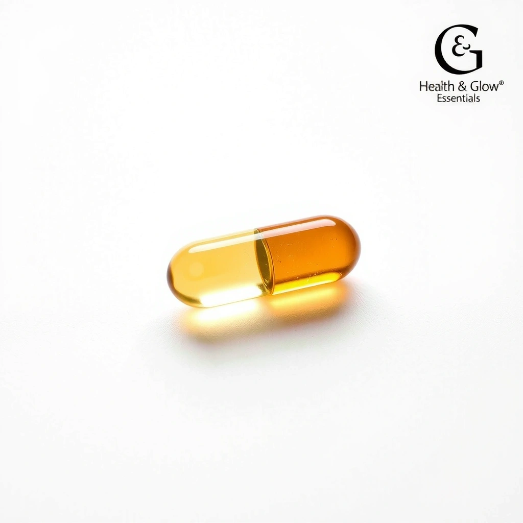 Healthglowessentialsa Premium Omega-3 Supplement, capsule close-up on a white surface