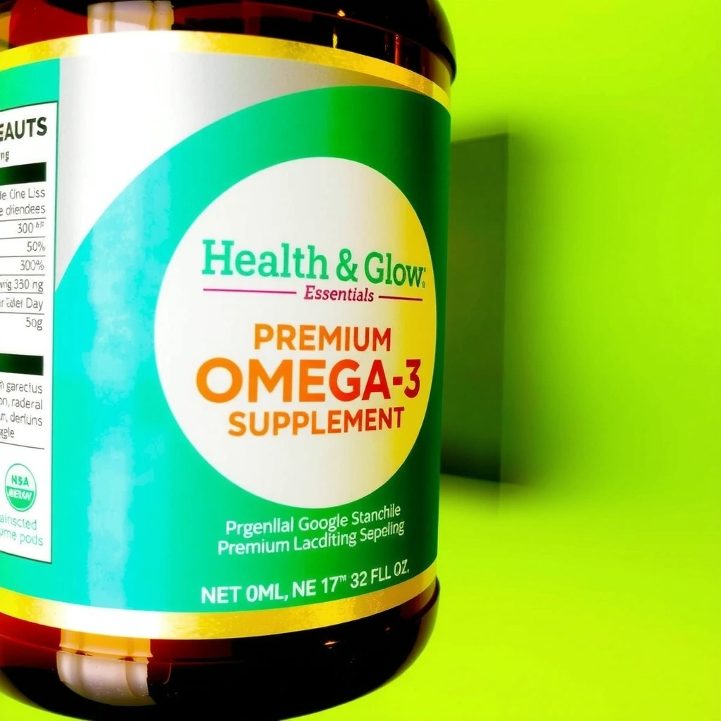 Healthglowessentialsa Premium Omega-3 Supplement, bottle from a slight angle, showing texture