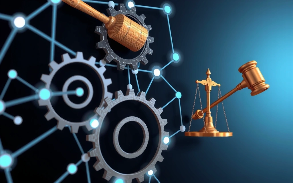 Abstract representation of intellectual property with gears and legal symbols